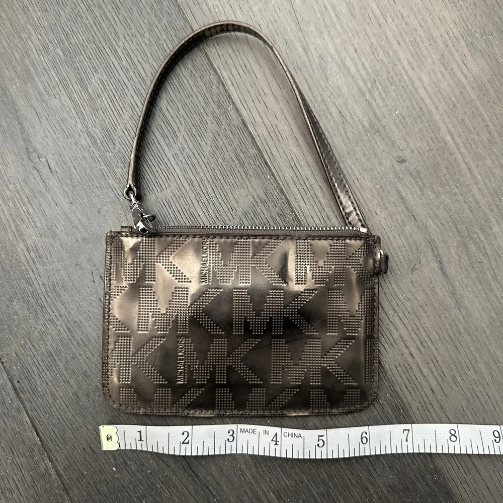 VTG Michael Kors Y2K Clutch Wristlet Bag Mini Bronze PVC MK Zip Detachable Strap